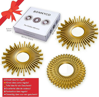 BONNYCO Gold Mirrors for Wall Pack of 3, Round Wall Mirrors Bedroom Room and Home Decor. Espejos Decorativos de Pared Sala Dormitorio, Modern Minimalist Decor Vintage, Chic. Gifts for Women, Mums