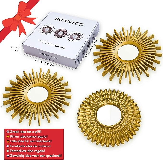 BONNYCO Gold Mirrors for Wall Pack of 3, Round Wall Mirrors Bedroom Room and Home Decor. Espejos Decorativos de Pared Sala Dormitorio, Modern Minimalist Decor Vintage, Chic. Gifts for Women, Mums