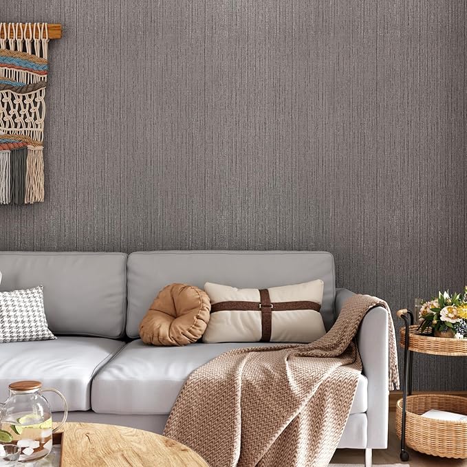 CRE8TIVE Dark Grey Grasscloth Wallpaper Removable Textured Wallpaper Stick and Peel Grasscloth Contact Paper for Cabinets Waterproof Self Adhesive Fabric Wall Paper for Bathroom Bedroom Walls 12"x354"