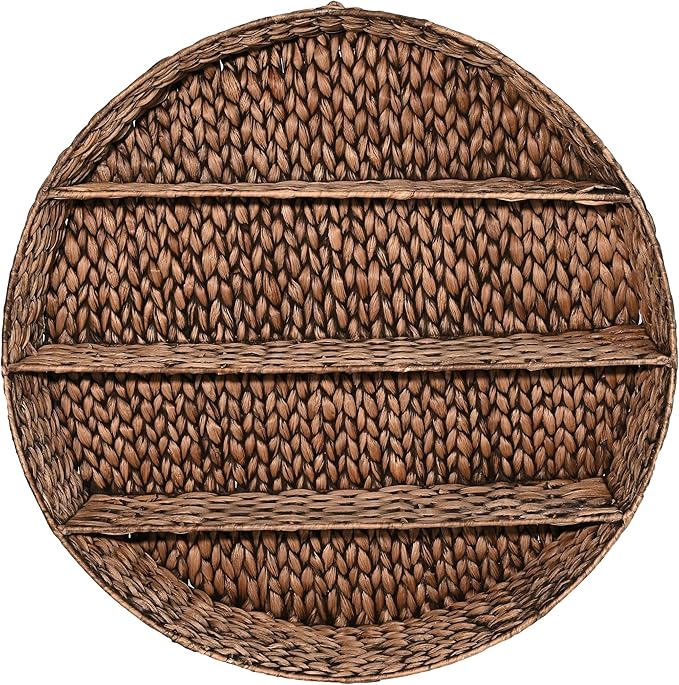 happimess WRK1000B Annulus 24.61" 3-Shelf Circular Handwoven Hyacinth Wall Rack, Bright Brown for Storage and Decoration in Bathroom, Bedroom, Living Room