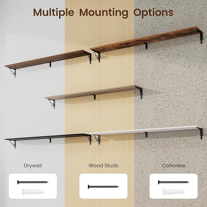 RICHFOCUS Floating Shelves for Wall Decor, 55.1W x 8D Shelf Set of 2, 8 Inch Deep Rustic Wood Shelves Wall Mounted with Brackets, Long Shelves for Living Room Bedroom Kitchen, Rustic Brown