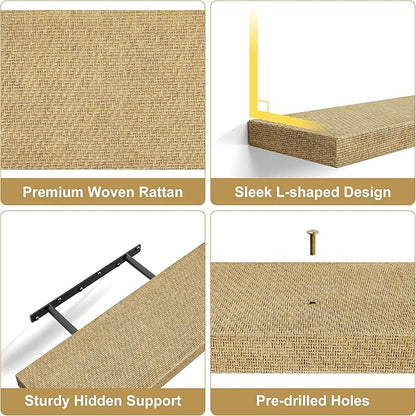 Alsonerbay Rattan Floating Shelves for Wall Set of 3, 15.7 Inch Wood Shelves Wall Mounted with Invisible Bracket for Bedroom Living Room Nursery and More