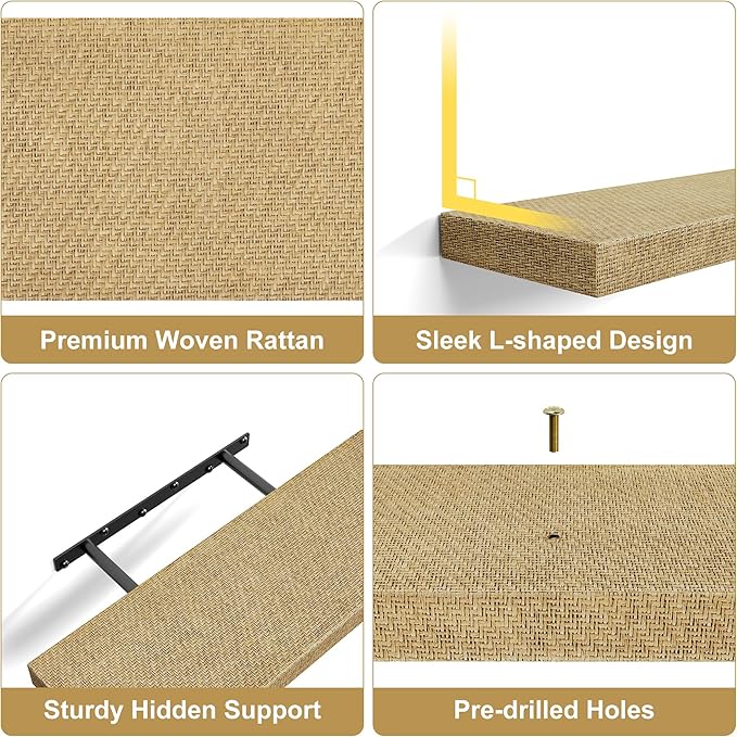 Alsonerbay Rattan Floating Shelves for Wall Set of 3, 15.7 Inch Wood Shelves Wall Mounted with Invisible Bracket for Bedroom Living Room Nursery and More