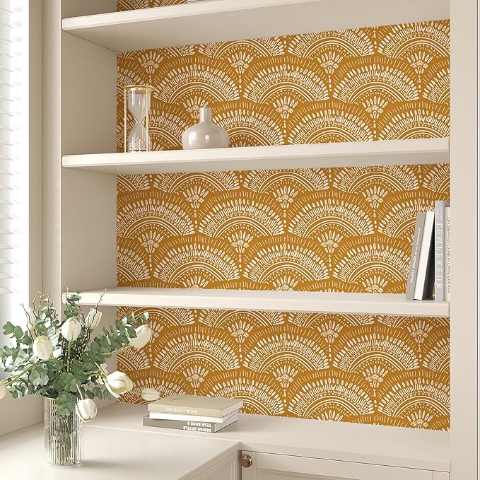 VEELIKE Mustard Yellow Geometric Wallpaper Peel and Stick Boho Wallpaper for Bedroom Bathroom Nursery 17.7''x354'' Removable Yellow Art Deco Wallpaper Renter Friendly Adhesive Contact Paper for Walls