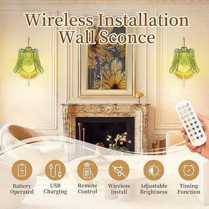 Vintage Battery Wall Sconce with Flower lampshade,Rechargeable Battery Powered Wall Lights,Wall lamp with 15 Colors for Bedroom Living Room Home Decor (Green Rose, 2 Light Battery Operated)