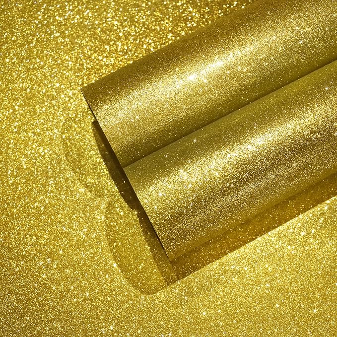 CHIHUT 15.7''x236'' Glitter Contact Paper Gold Glitter Wallpaper Stick and Peel for Walls Self Adhesive Shiny Glitter Wallpaper Roll Removable Fabric Decorative for Bedroom Cabinets Christmas Décor