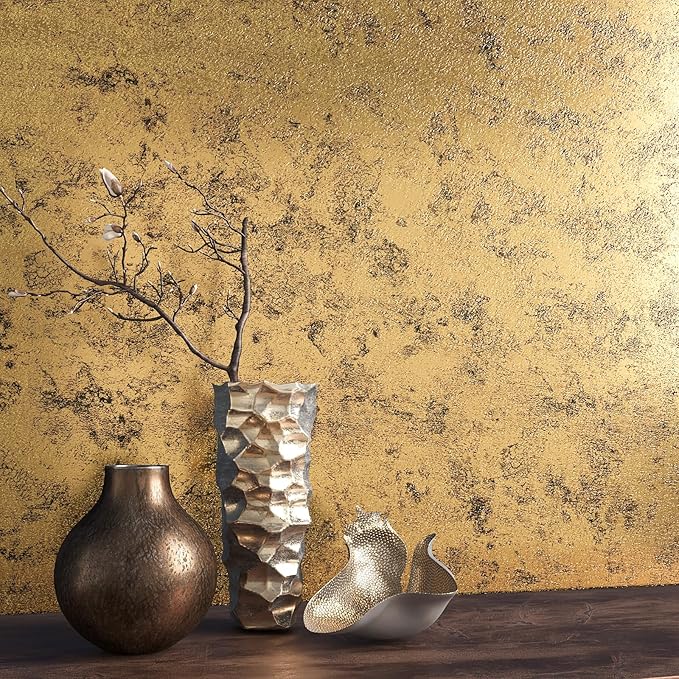 VEELIKE Metallic Wallpaper Stick and Peel Textured Gold Wallpaper for Bedroom Accent Walls 15.7''x118'' Self Adhesive Gold Contact Paper for Cabinets Drawers Waterproof Removable Gold Vinyl Wallpaper