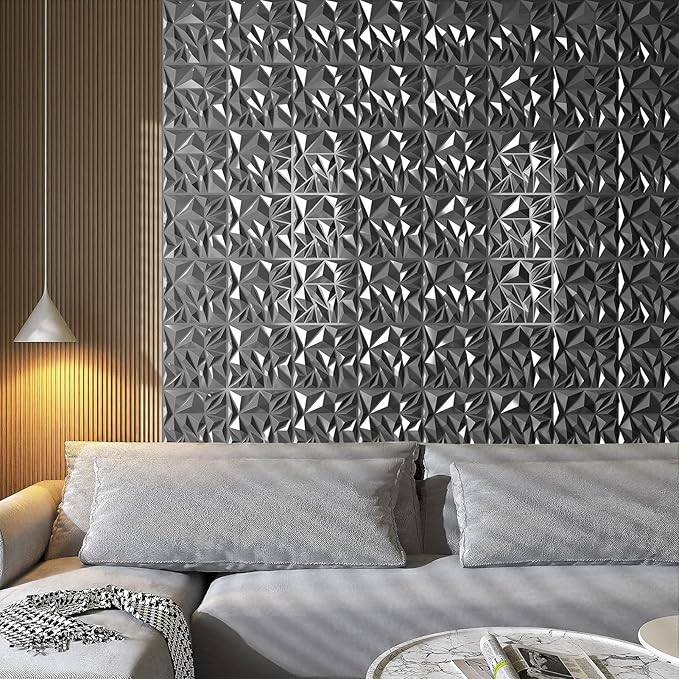 Art3d 33-Pack 3D Wall Panels - Diamond Textured Feature Paneling for Gaming, Living Room, TV Wall - 12 x 12 inch Silver