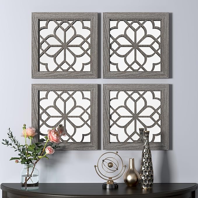 2 PCS Square Rustic Wall Mirror, Farmhouse Wall Mirrors Decorative Brown Wall Mirror for Bedroom Entry Living Room Dining Room (12”x12”)