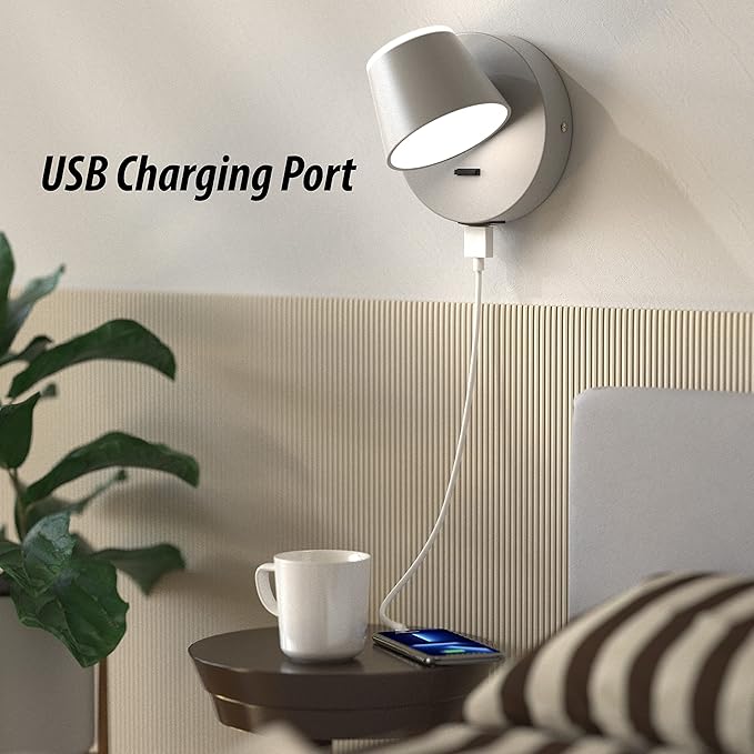 URSOLA Wall Light Set of Two, LED Wall Sconce with On/Off Switch USB Charging Port 110 Volt Hardwired Wall Lamp 350 Rotatable Up Down Sconces Wall Lighting (Grey)