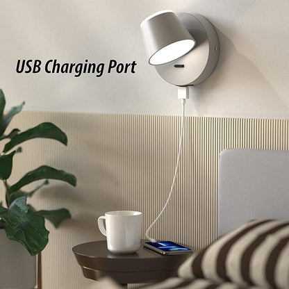 URSOLA Wall Light Set of Two, LED Wall Sconce with On/Off Switch USB Charging Port 110 Volt Hardwired Wall Lamp 350 Rotatable Up Down Sconces Wall Lighting (Grey)