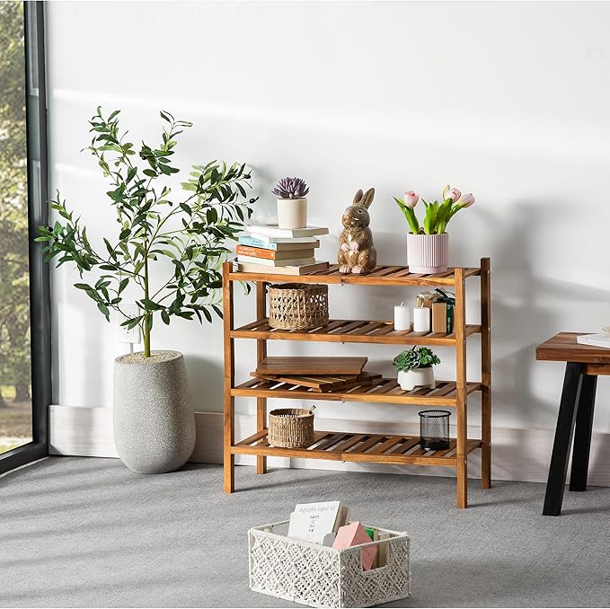 Natural Acacia Wood 2-Tier Folding Shoe Rack – Space-Saving Wooden Shoe Organizer Shelf for Entryway, Hallway, Mudroom, or Closet – Compact Indoor Storage for Footwear & More