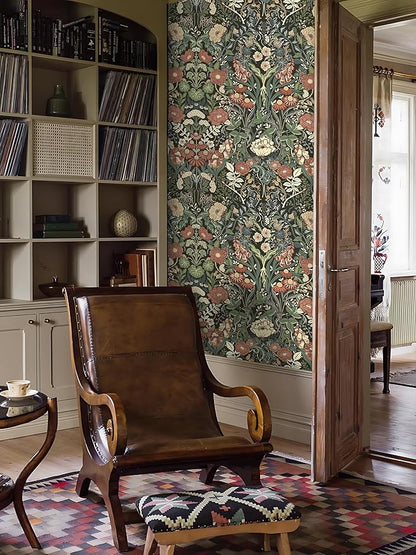 Vintage Wallpaper Peel and Stick Floral Wall Paper Removable Waterproof Green/Black/Yellow Contact Paper for Bedroom, Bathroom, Home Wall 17.3" x 118"