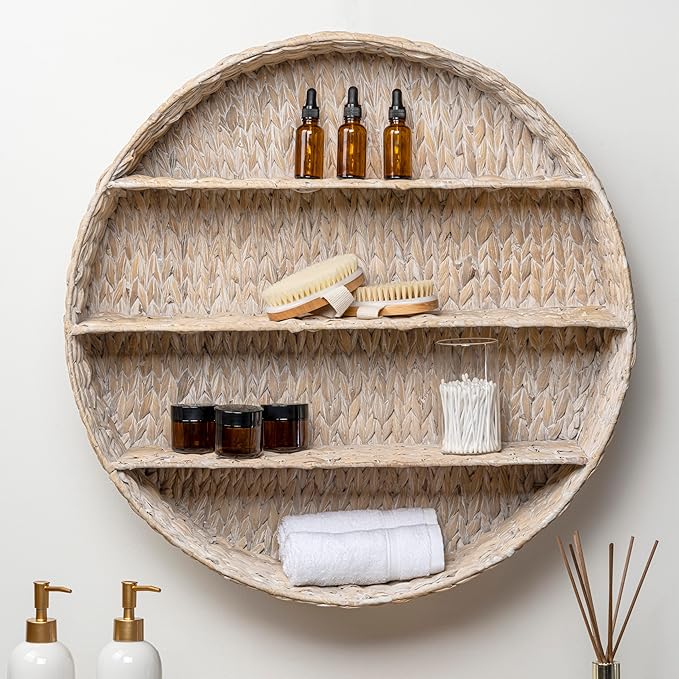 happimess WRK1000C Annulus 24.61" 3-Shelf Circular Handwoven Hyacinth Wall Rack, White Wash for Storage and Decoration in Bathroom, Bedroom, Living Room