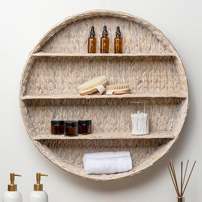 happimess WRK1000C Annulus 24.61" 3-Shelf Circular Handwoven Hyacinth Wall Rack, White Wash for Storage and Decoration in Bathroom, Bedroom, Living Room