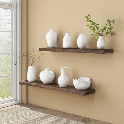 fuqing Solid Elm Wood Floating Shelves for Wall 55 Inch - 9 Inch Deep Live Edge Floating Wall Shelves - Rustic Natural Wooden Shelves with Heavy Duty Brackets and Anchors