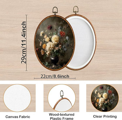 KSDUT Retro Flower Wall Art Decor - Botanical Neutral Mid Century Modern Wall Art Canvas Frame Hanging Prints, Vintage Dark Academia Oval Artwork Decor for Home Gallery Decorations 8.6"x11.4"