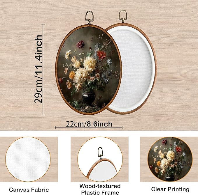 KSDUT Retro Flower Wall Art Decor - Botanical Neutral Mid Century Modern Wall Art Canvas Frame Hanging Prints, Vintage Dark Academia Oval Artwork Decor for Home Gallery Decorations 8.6