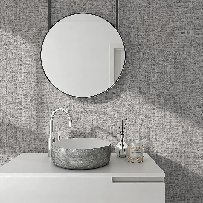 Guvana Grasscloth Peel and Stick Wallpaper Grey Textured Contact Paper Modern Removable Self Adhesive Wall Paper Thicken Fabric Faux Linen Wallpaper for Bathroom Living Room Cabinets 472inx15.7in