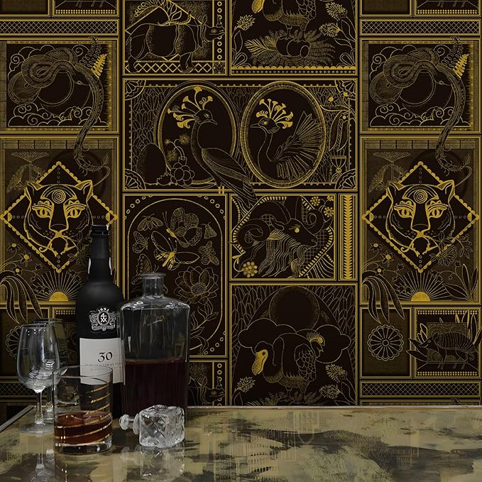 Black and Gold Wallpaper Peel and Stick Vintage Wall Paper Removable Waterproof Animal Print Contact Paper for Bedroom, Bathroom, Home Wall 17.3" x 118"