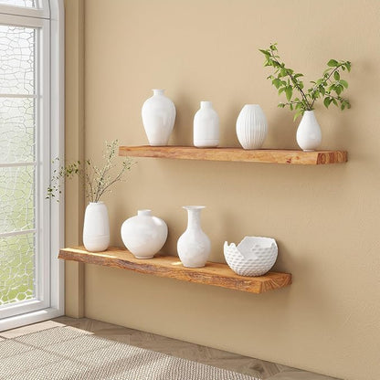 fuqing Live Edge Floating Shelves for Wall 55 Inch - Solid Elm Wood Floating Shelves Wall Mounted - 9 Inch Deep Rustic Natural Wooden Wall Shelves with Heavy Duty Brackets and Anchors