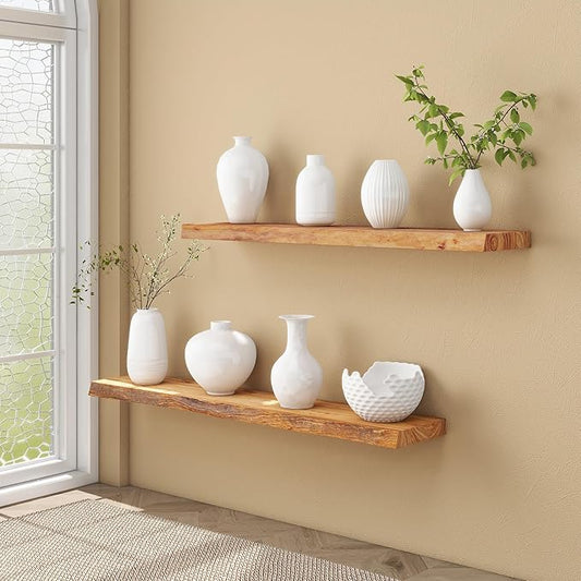 fuqing Live Edge Floating Shelves for Wall 55 Inch - Solid Elm Wood Floating Shelves Wall Mounted - 9 Inch Deep Rustic Natural Wooden Wall Shelves with Heavy Duty Brackets and Anchors