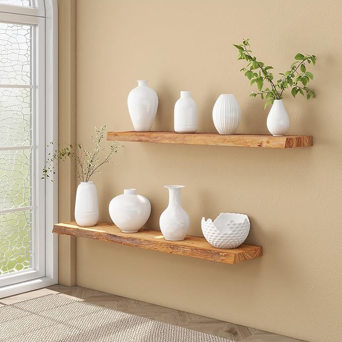 fuqing Live Edge Floating Shelves for Wall - Solid Elm Wood Floating Shelves 48 Inch - 9 Inch Deep Natural Wooden Wall Shelves with Heavy Duty Metal Brackets and Anchors