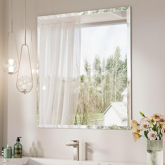 Keonjinn 30 x 36 Inch Beveled Bathroom Mirror, Rectangle Bathroom Mirrors for Over Sink, Shatterproof Wall Mirror, Modern Decorative for Living Room, Entryway, Bedroom, Horizontal/Vertical