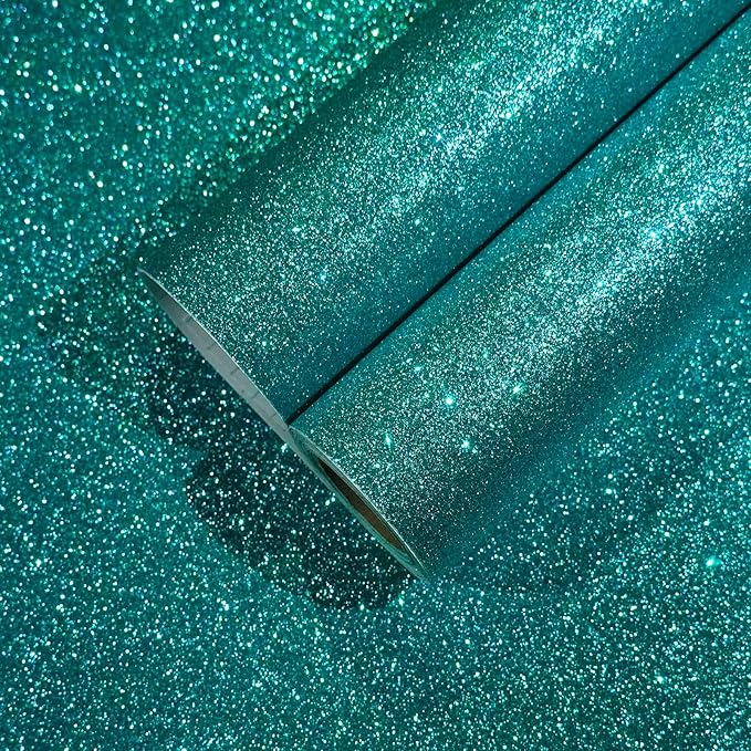 CHIHUT Teal Blue Glitter Wallpaper Stick and Peel for Bedroom Walls 15.7''x236'' Removable Teal Sparkle Wallpaper Decorative Shiny Glitter Contact Paper Self Adhesive Fabric Roll for Drawer Dresser