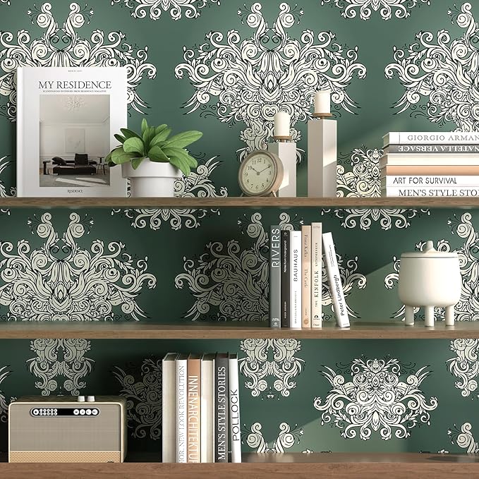 FunStick Damask Wallpaper Peel and Stick Vintage Green Victorian Wallpaper Removable Antique Dark Floral Wall Paper for Bathroom Waterproof Beige Damask Contact Paper for Walls Cabinets 17.5"x118"