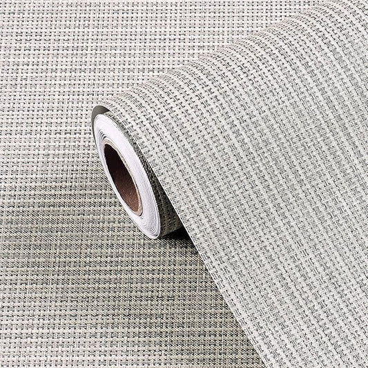 FunStick 24"x200" Grey Grasscloth Peel and Stick Wallpaper for Bathroom Waterproof Linen Fabric Wall Paper Textured Self Adhesive Geometric Wallpaper Removable Contact Paper for Cabinets Walls Drawers