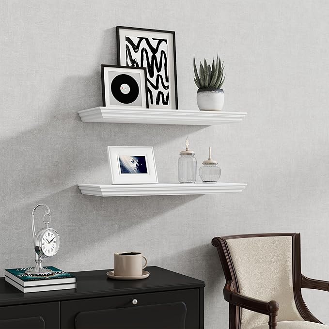 Fun Memories Floating Shelves 24 Inch Long, 9.3 Inch Deep Classic Crown Molding Floating Shelves for Wall, Rustic Wooden Shelves for Wall Decor Bathroom, Kitchen, Office, (White, 2Pack)
