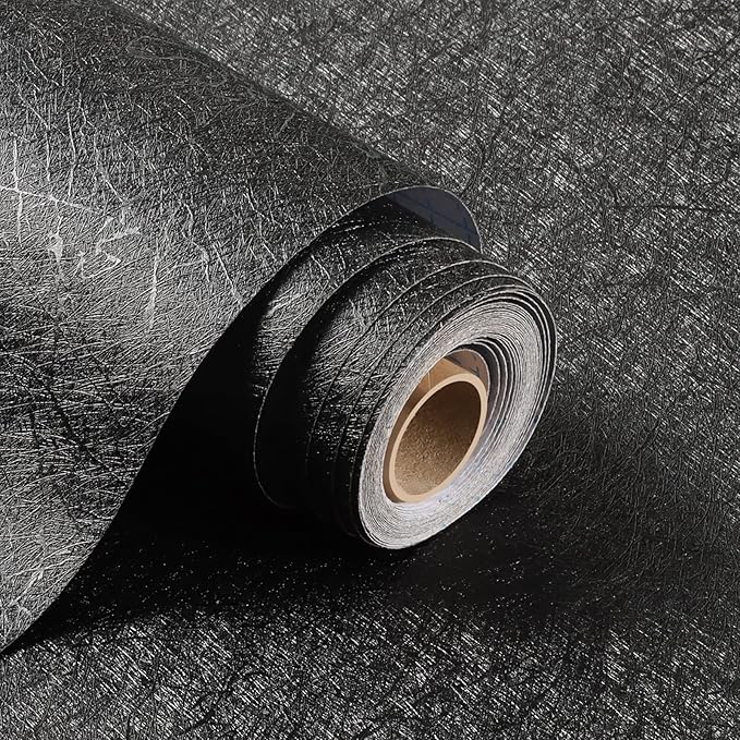 Kitico 17" x 196" Black Silk Wallpaper Peel and Stick, Embossed Textured Self Adhesive Wallpaper, Contact Paper Removable Waterproof Kitchen Vinyl Wrap Cabinet Furniture Textured Renter Friendly Wall