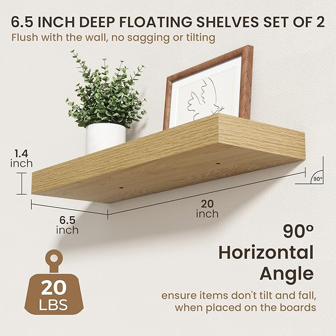 20 Inch Floating Shelves | 6.5 Inch Deep Oak Floating Shelves Set of 2 | 20