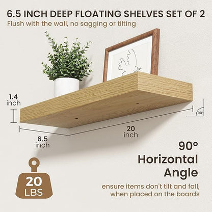 20 Inch Floating Shelves | 6.5 Inch Deep Oak Floating Shelves Set of 2 | 20" W x 6.5" D Rustic Oak Shelves with Invisible Brackets for Bathroom Living Room Bedroom