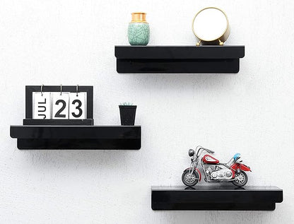 IEEK 15 Inch Black Acrylic Floating Wall Ledge Shelf,Wall Mounted Nursery Kids Bookshelf,5MM Thick Home/Office/Bathroom Storage Shelves Display Organizer Set of 3