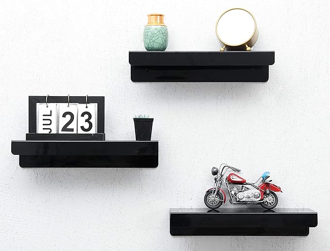 IEEK 15 Inch Black Acrylic Floating Wall Ledge Shelf,Wall Mounted Nursery Kids Bookshelf,5MM Thick Home/Office/Bathroom Storage Shelves Display Organizer Set of 3