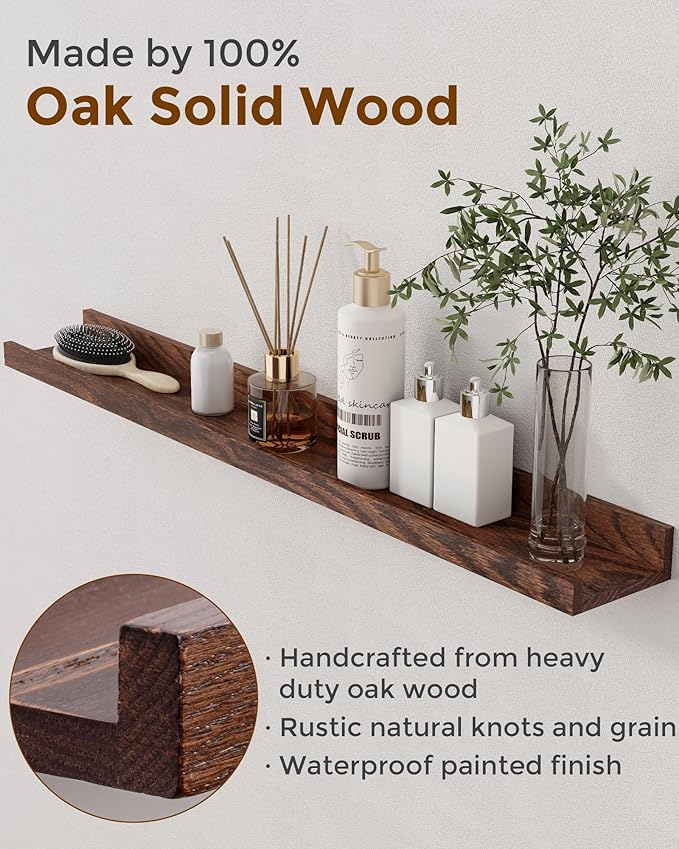 Axeman Oak Picture Ledge Shelf, 24 Inch Floating Shelves Set of 2, Solid Oak Wood Wall Shelves with Lip, Wall Decor Storage for Bedroom Living Room Bathroom Kitchen Nursery Photo Picture, Walnut