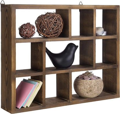 MyGift 9 Compartment Vintage Solid Wood Shadow Box, Wall Mountable Curio Display Case, Freestanding or Floating Shelf for Collectible Figurines, Succulents (Torched)