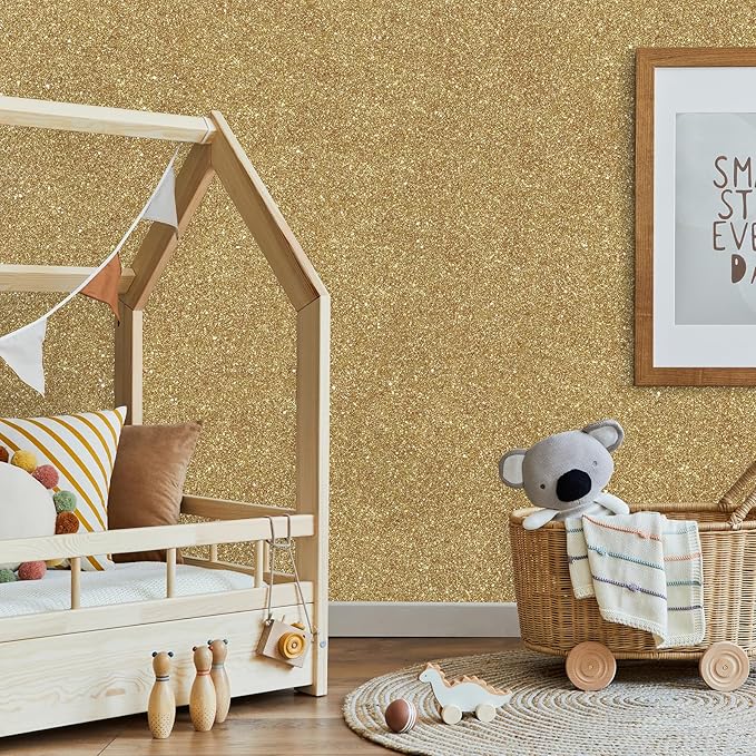 CHIHUT Champagne Gold Glitter Contact Paper Peel and Stick Wallpaper Sparkle Glitter Removable Self Adhesive Wallpaper Textured Fabric Wall Paper Roll for Bedroom Walls Cabinets Dresser 15.7''x100''