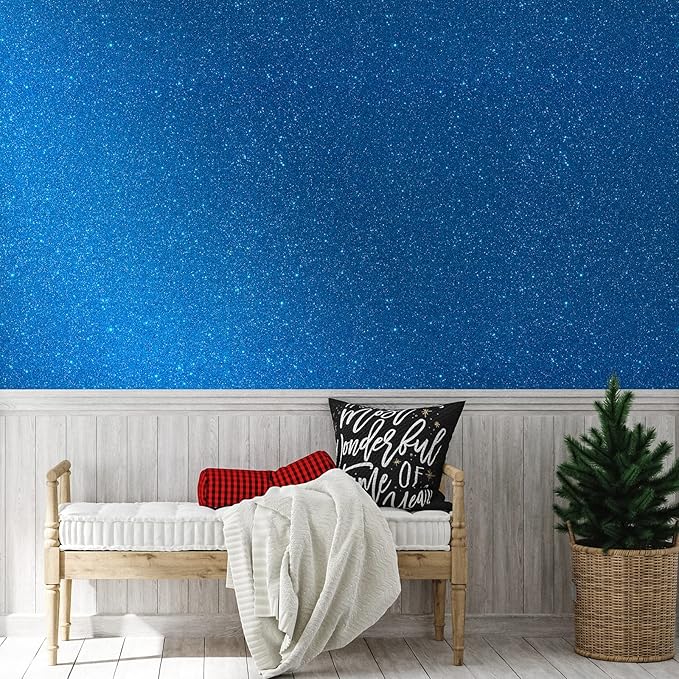 CHIHUT Sparkle Blue Glitter Wallpaper Stick and Peel 15.7''x100'' Self Adhesive Blue Glitter Contact Paper for Walls Removable Fabric Glitter Wallpaper Vinyl Roll for Table Gift Drawers Art Crafts
