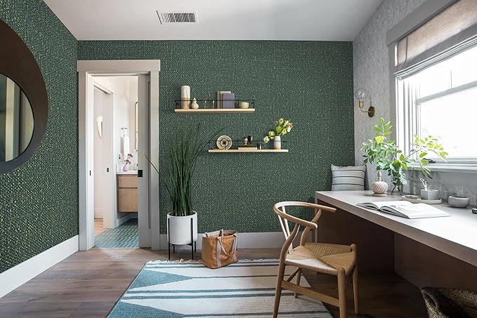 Guvana Grasscloth Peel and Stick Wallpaper Green/Gold Textured Contact Paper Vintage Removable Self Adhesive Wall Paper Thicken Fabric Faux Linen Wallpaper for Bathroom Living Room Decor 78.7inx15.7in