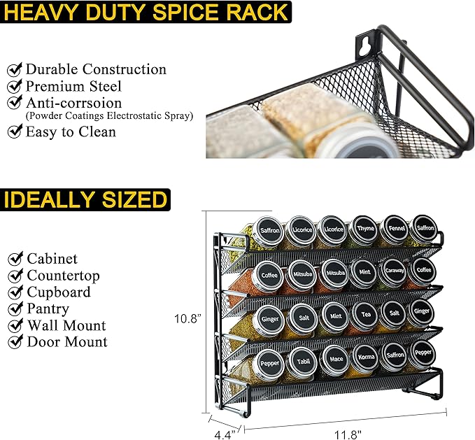 SpaceAid Spice Rack Organizer with 24 Spice Jars, 386 Spice Labels, Chalk Marker and Funnel Set for Cabinet, Countertop, Pantry, Cupboard or Door & Wall Mount -24 Jars, 11.8