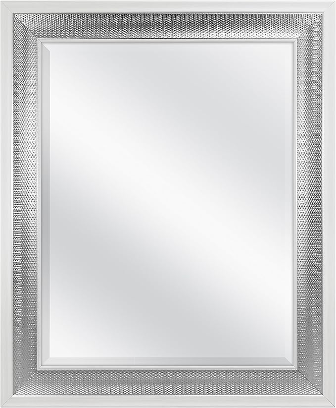 MCS 28.5x34.5 Large Wall Mirror, White Frame with Woven Silver Detail & Beveled Detail Mirror, Vertical & Horizontal Wall Hanging Mirror for Bathroom, Bedroom & Livingroom