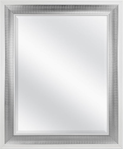 MCS 28.5x34.5 Large Wall Mirror, White Frame with Woven Silver Detail & Beveled Detail Mirror, Vertical & Horizontal Wall Hanging Mirror for Bathroom, Bedroom & Livingroom