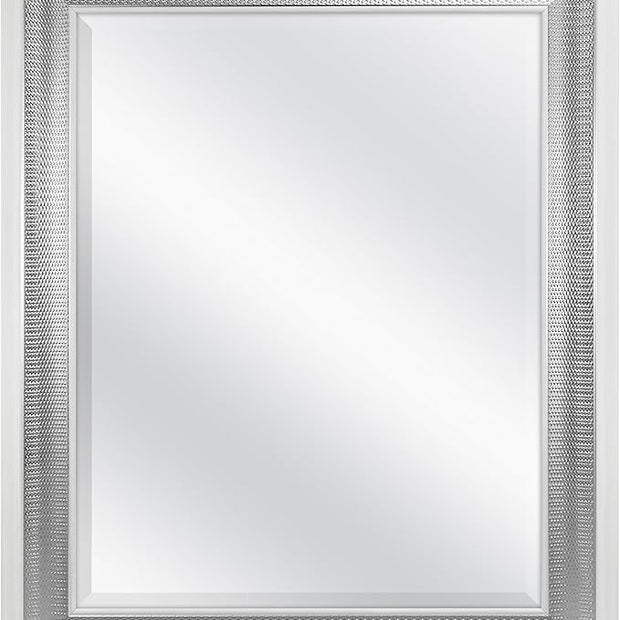 MCS 28.5x34.5 Large Wall Mirror, White Frame with Woven Silver Detail & Beveled Detail Mirror, Vertical & Horizontal Wall Hanging Mirror for Bathroom, Bedroom & Livingroom