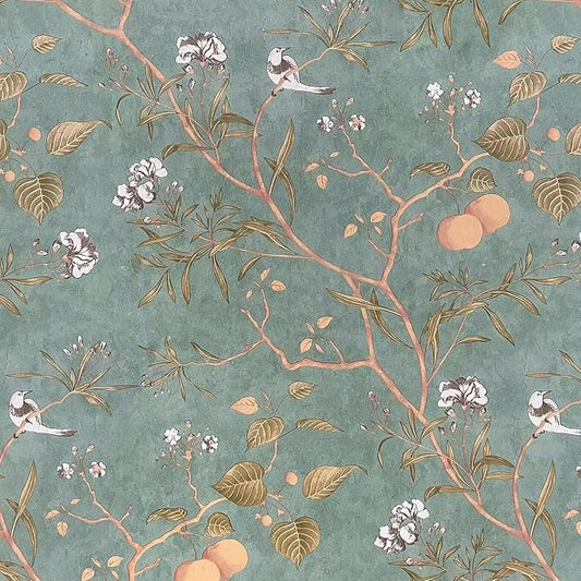 Green Floral Wallpaper Peel and Stick Bird Wallpaper 17.5" x 78.7" Vintage Floral Contact Paper Waterproof Vinyl Self Adhesive Modern Wall Paper Wall Covering for Bedroom Walls Cabinet Locker