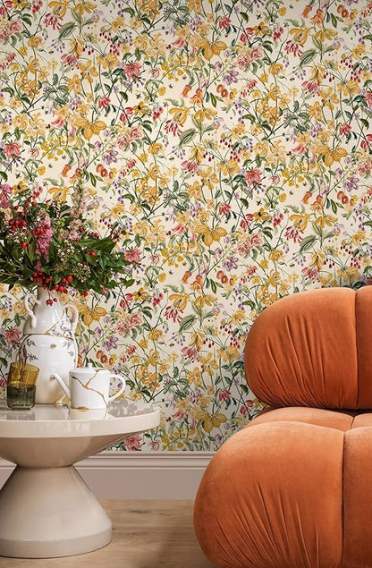Floral Wallpaper Peel and Stick Boho Wall Paper Removable Waterproof Yellow/Green/Red Contact Paper for Bedroom, Bathroom, Home Wall 17.3" x 118"