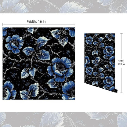 FLFK Floral Wallpaper Peel and Stick Dark Blue Flower Wallpaper 16" x 128" Removable Self-Adhesive Vintage Wall Paper for Bedroom Shelf Cabinet Drawers Countertops