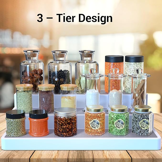YAN & HIN 3-Tier Spice Rack Organizer for Cabinet, 3 Pack Expandable Shelf Organizer with Non-Slip Surface, Kitchen Cabinet & Pantry Storage for Spices, Cans & Bottles